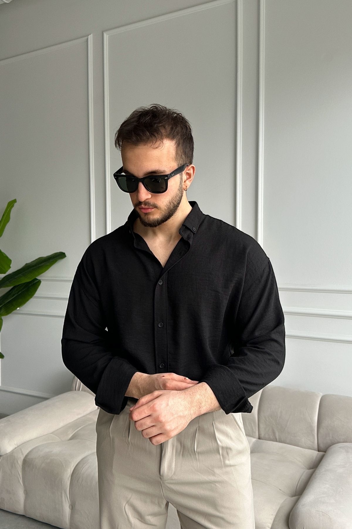 Livio Ferri  Napas Erkek Oversize Keten Görünümlü Gömlek - Görsel 7