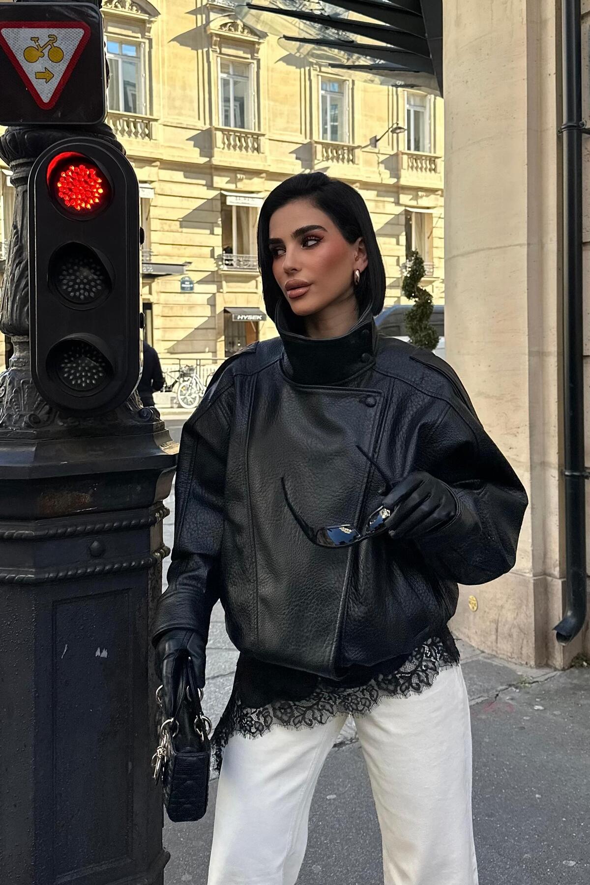 MEECY Дамско кожено яке с яка и цип, модел ZR