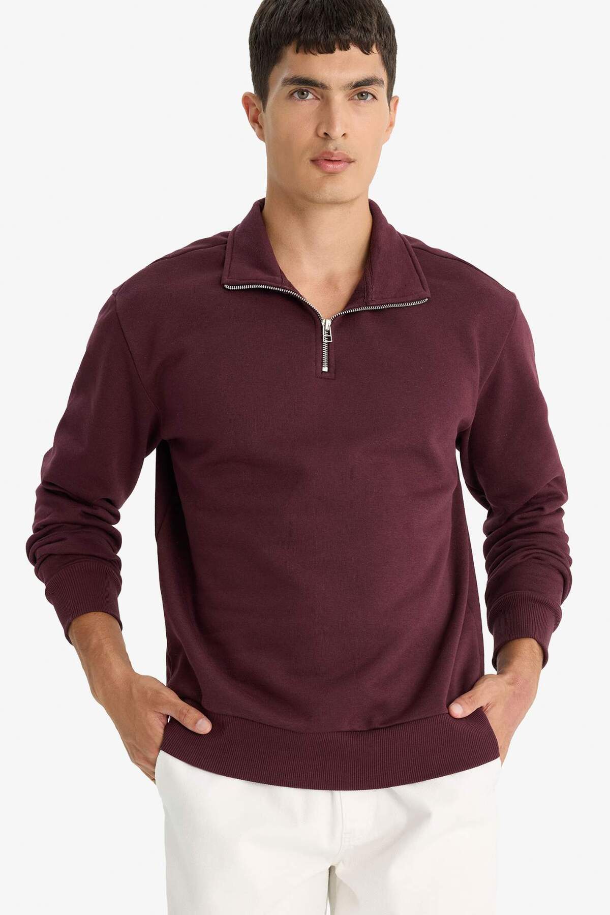 Defacto  Comfort Regular Fit Rahat Kalıp Fermuarlı Dik Yaka Basic Düz Sweatshirt X7405AZ23AU - Görsel 3