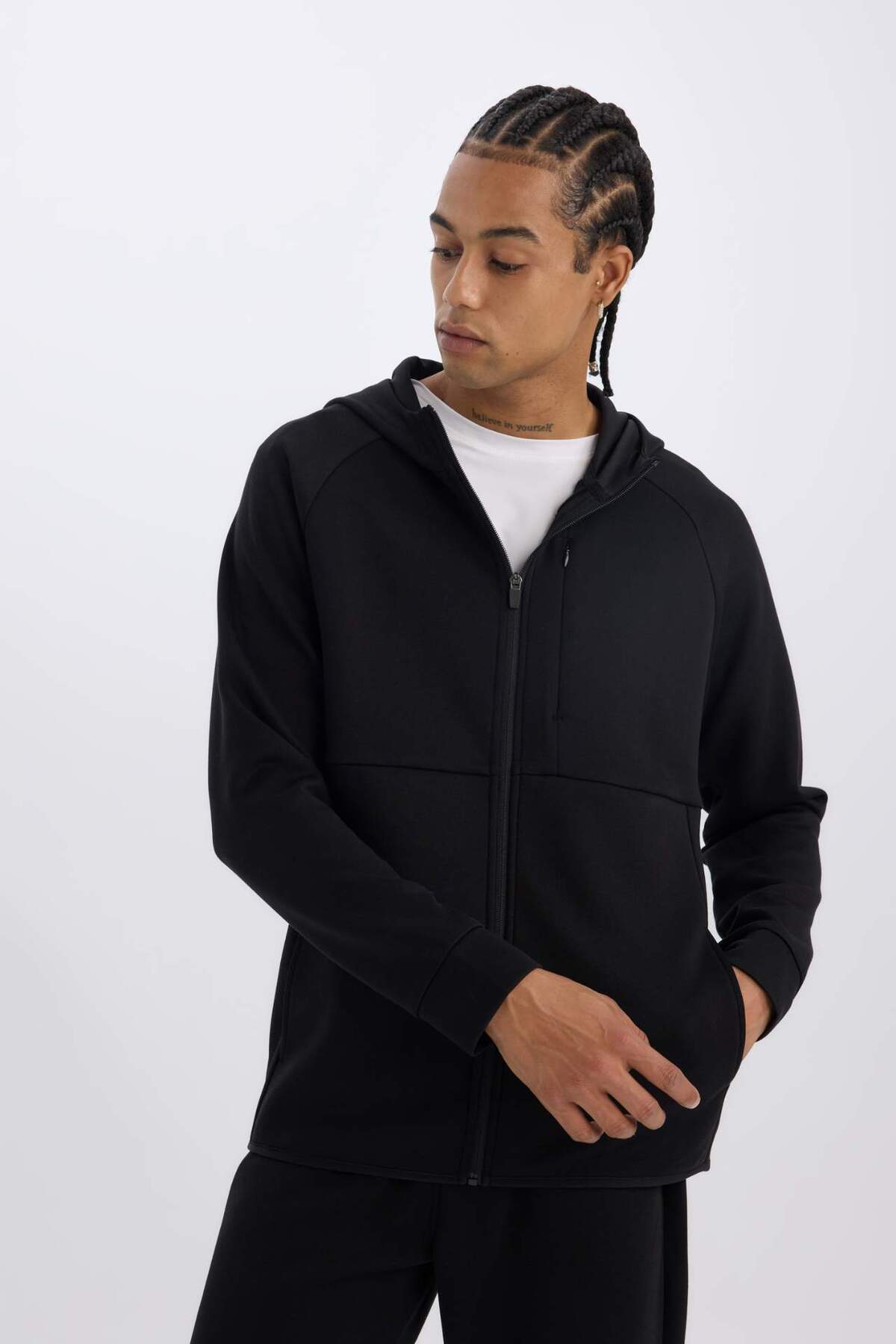 DeFacto Slim Fit Kapüşonlu Skuba Dalgıç Kumaş Fermuarlı Sporcu Sweatshirt A6956AX23AU görsel 4
