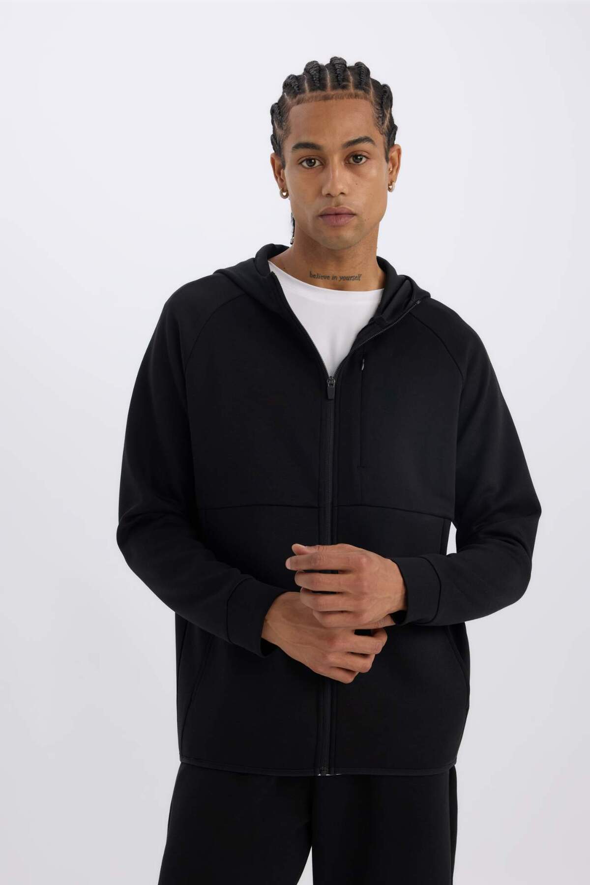 DeFacto Slim Fit Kapüşonlu Skuba Dalgıç Kumaş Fermuarlı Sporcu Sweatshirt A6956AX23AU görsel 3