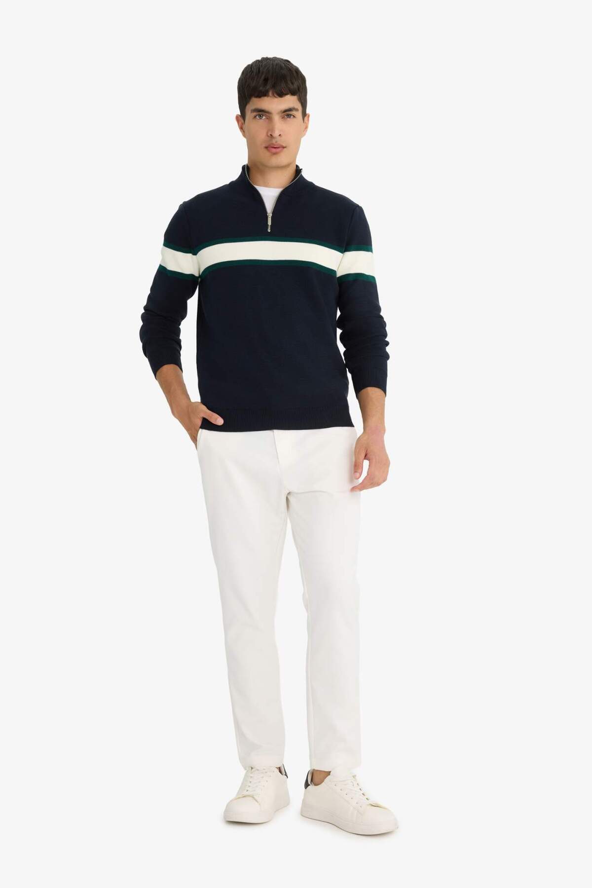 Defacto  Lacivert Standart Fit Normal Kesim Dik Yaka Fermuarlı Çizgili Triko Kazak Y4193AZ23WN - Görsel 2