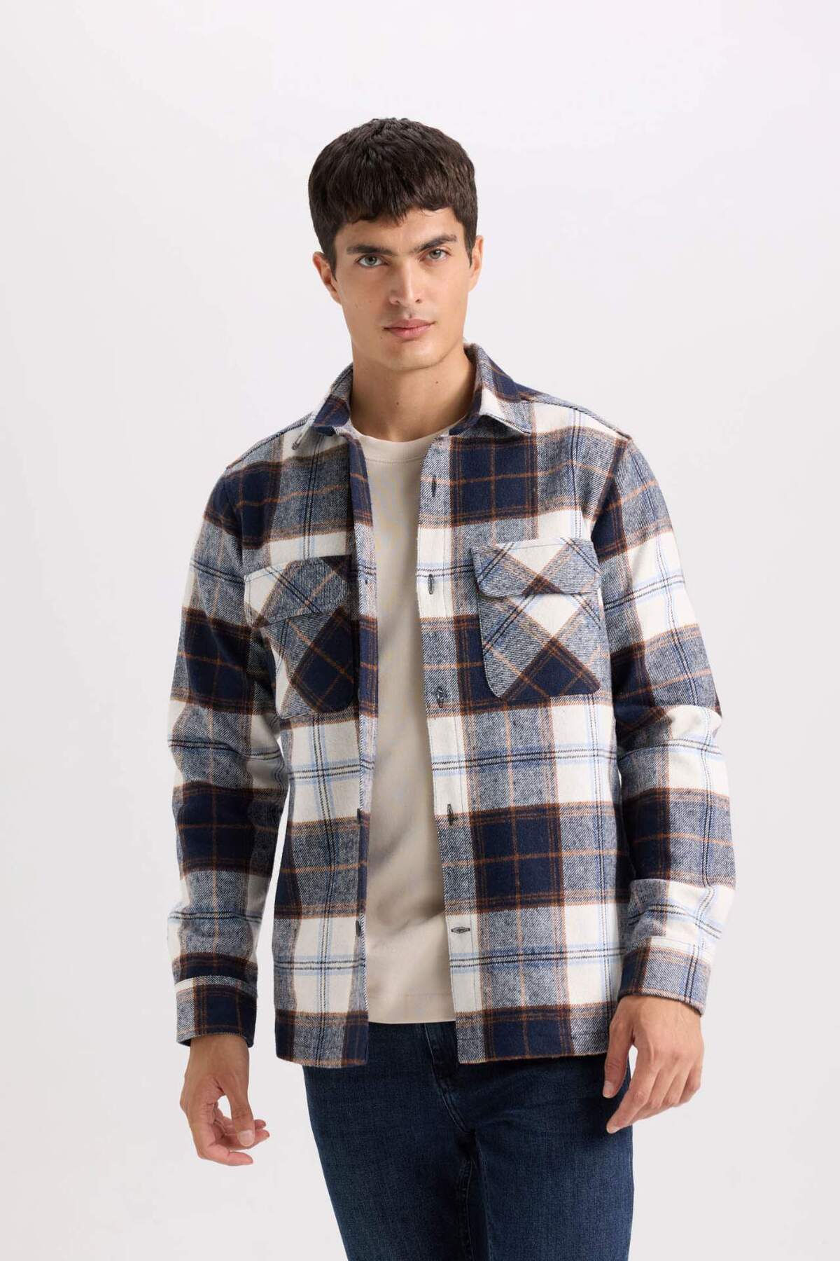 Regular Fit Ekose Oduncu Uzun Kollu Çift Cepli Gömlek Y9054AZ22WN — سرمه‌ای — تصویر 3 از 6