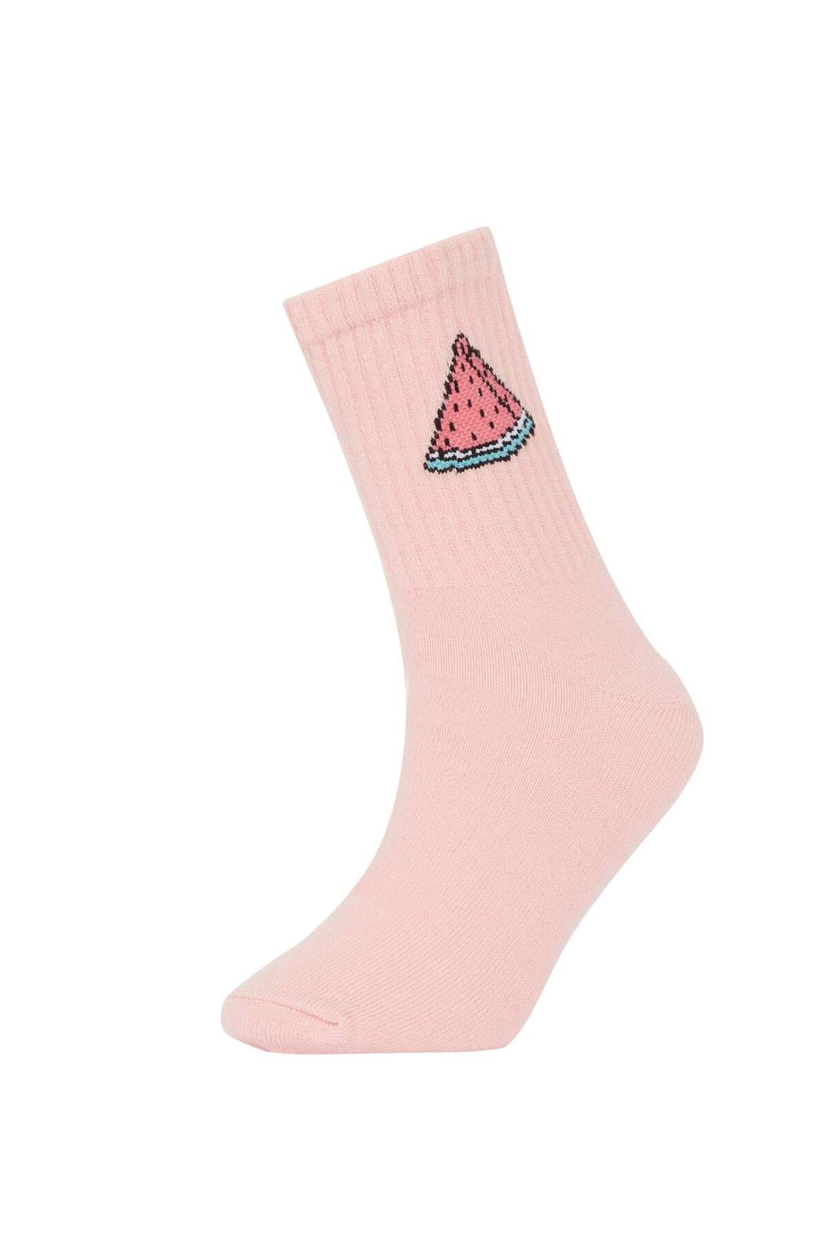 Defacto Meyve Baskılı 3'lü Pamuklu Uzun Çorap Kız Çocuk N1748A6NS fotoğrafı 3 (önizleme)