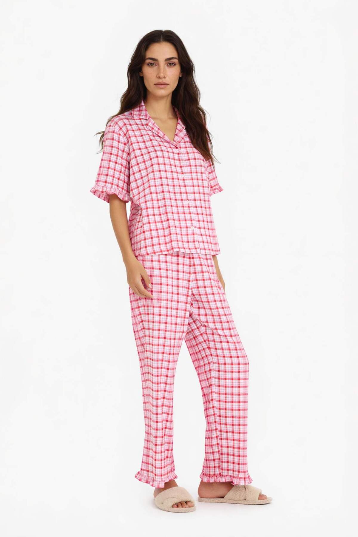 Defacto Pajama Set Flannel Checked Short Sleeve Top Long Bottom E7462AX25AU