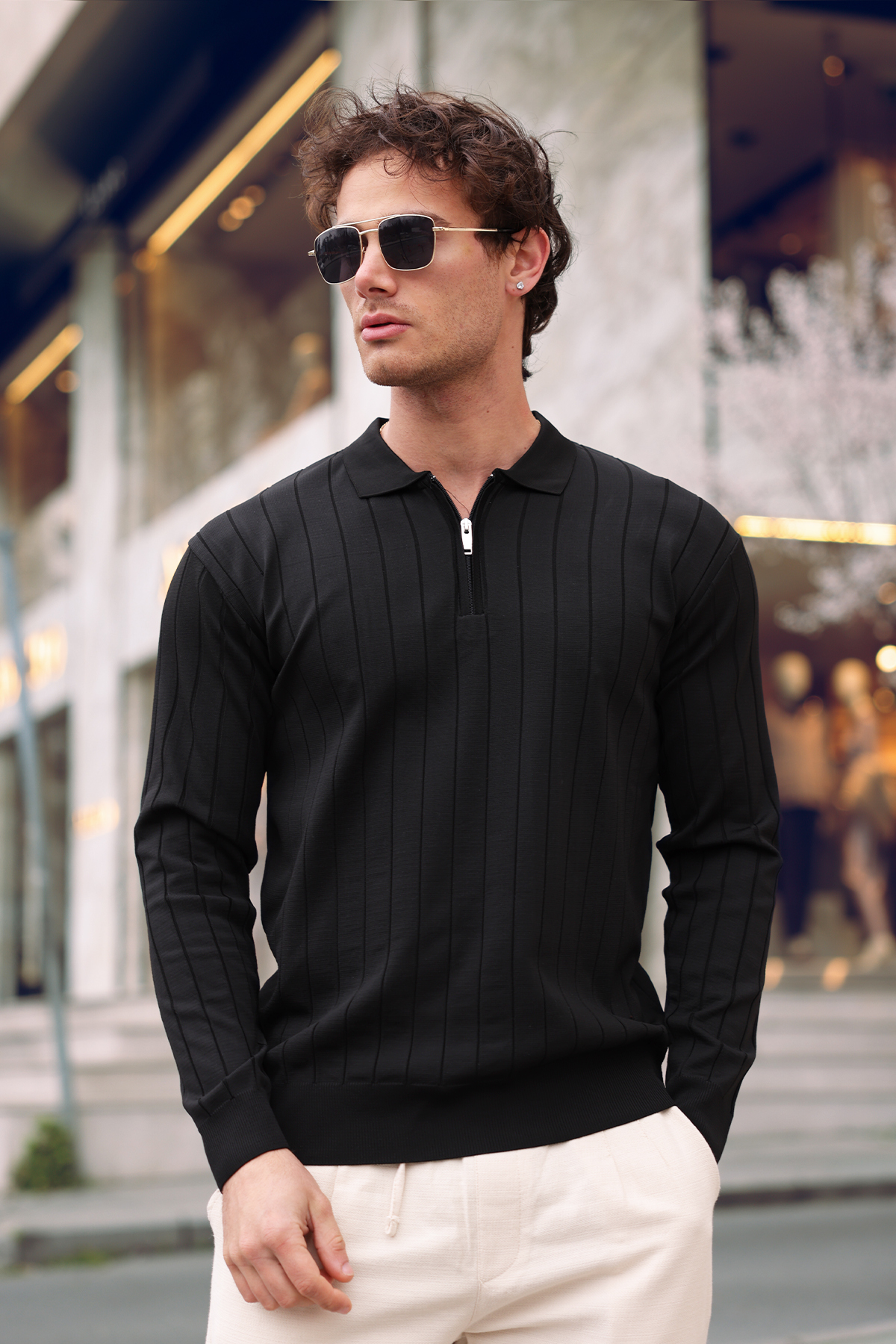aziso  Siyah Erkek Polo Yaka Yarım Fermuarlı Triko Kazak