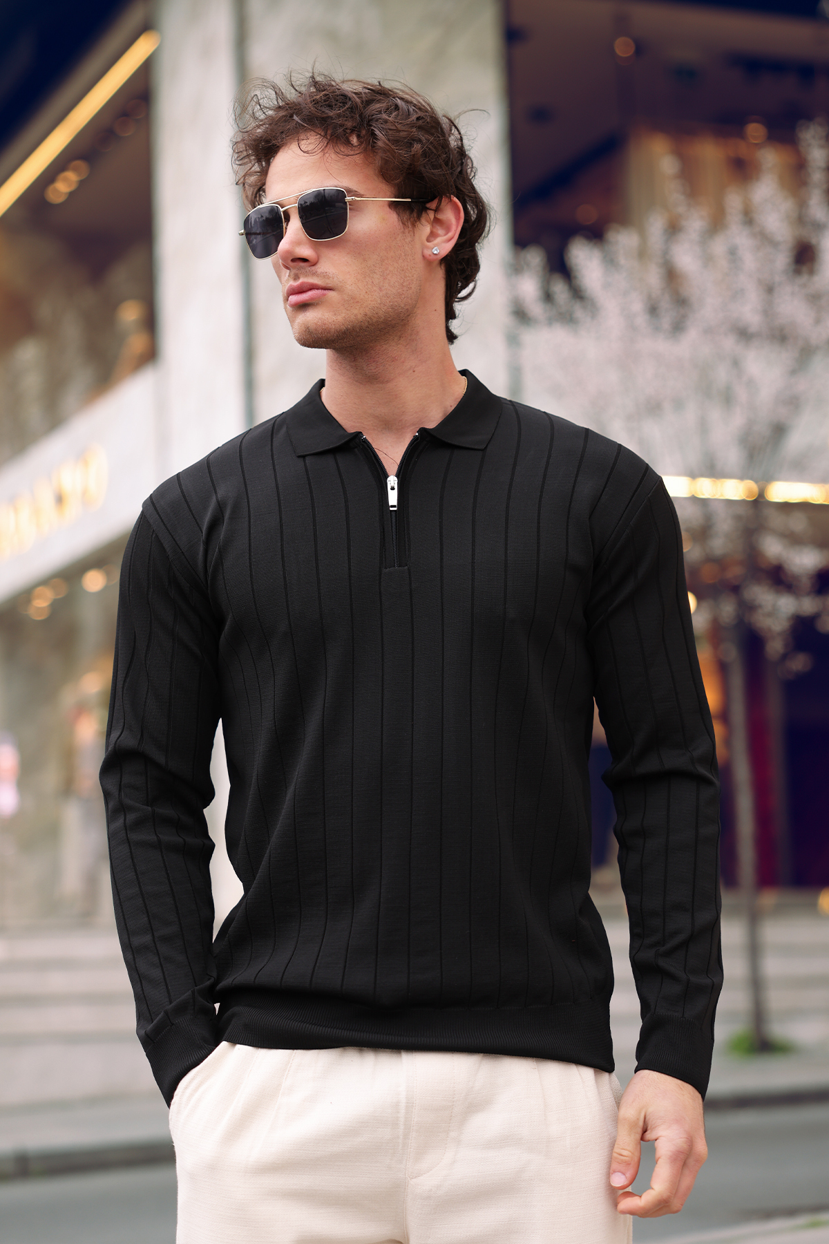 aziso  Siyah Erkek Polo Yaka Yarım Fermuarlı Triko Kazak - Görsel 5