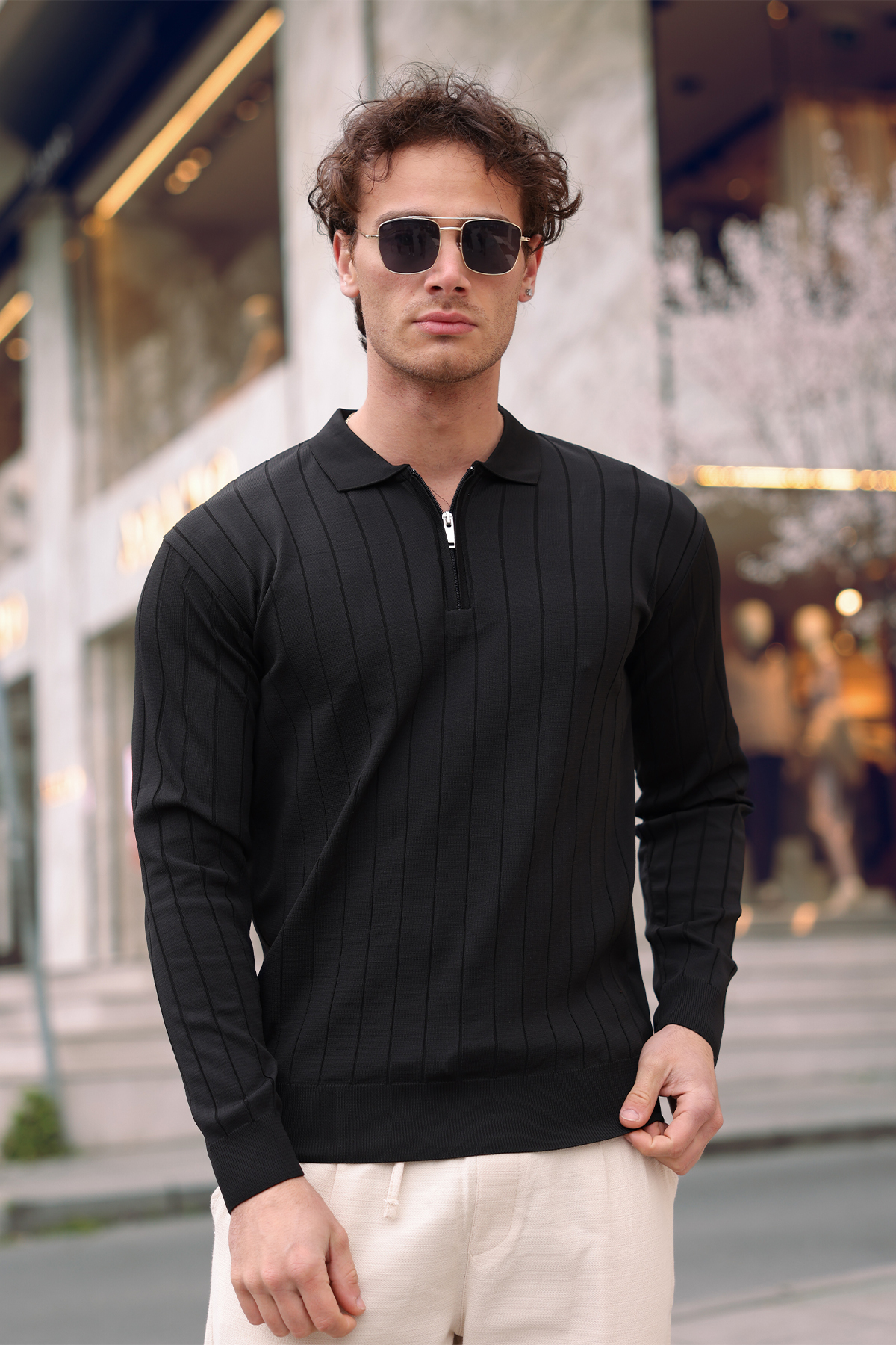 aziso  Siyah Erkek Polo Yaka Yarım Fermuarlı Triko Kazak - Görsel 6