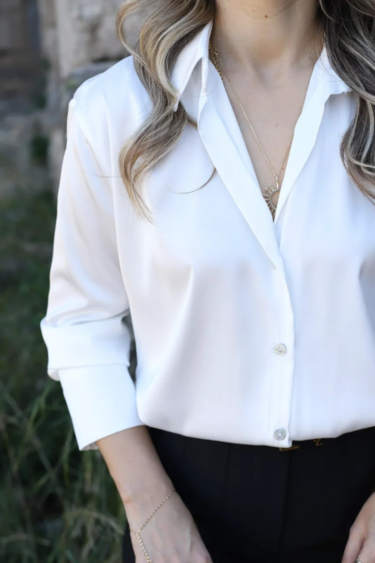 bytugcekaya  Beyaz Uzun Kollu Saten Gömlek - Görsel 3