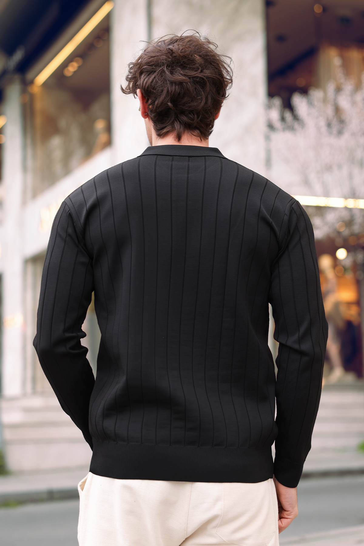 aziso  Siyah Erkek Polo Yaka Yarım Fermuarlı Triko Kazak - Görsel 4