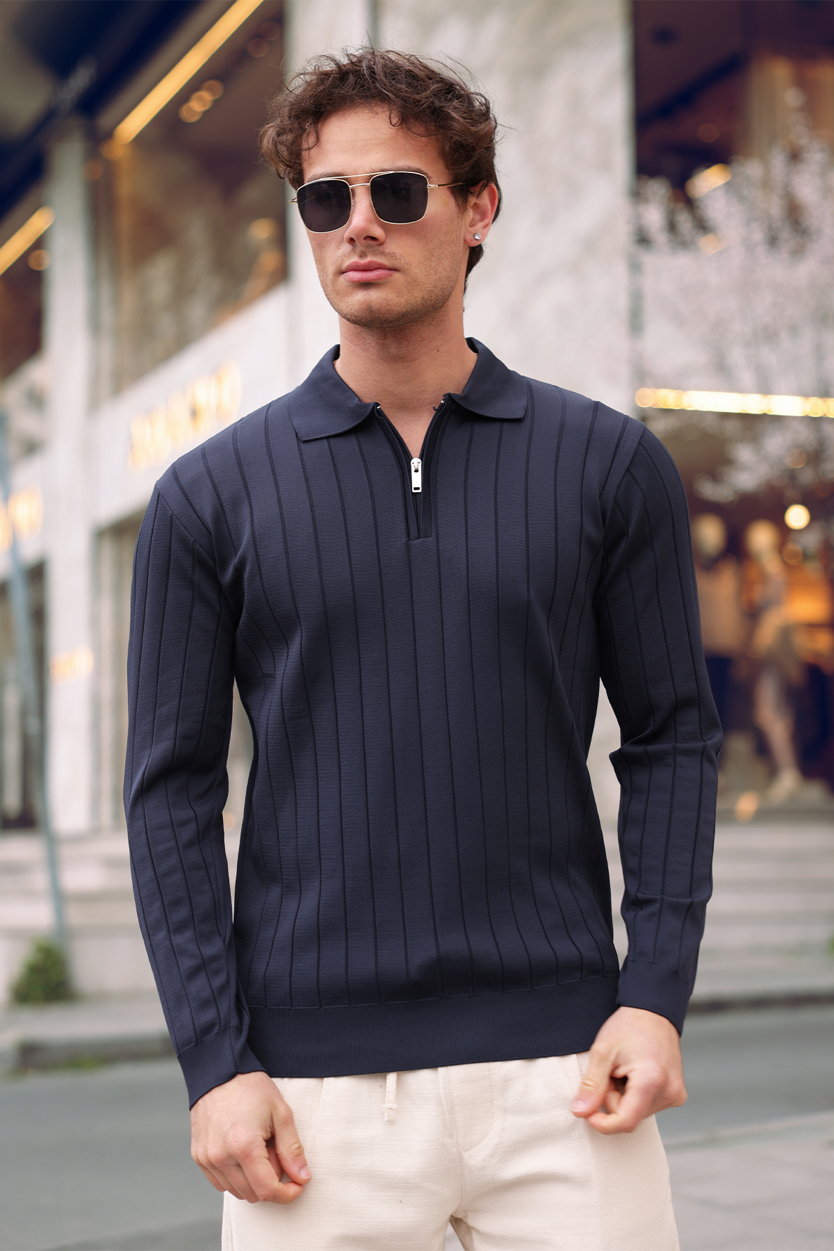 aziso  Lacivert Erkek Polo Yaka Yarım Fermuarlı Triko Kazak - Görsel 7