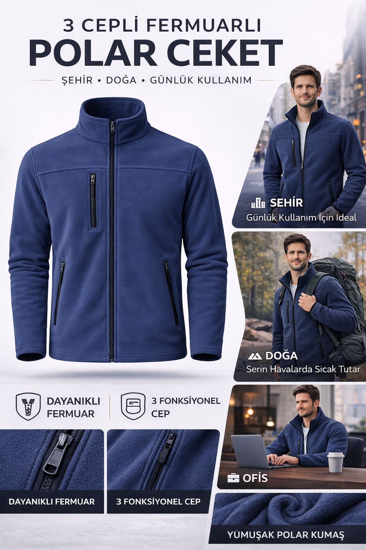 کاپشن مردانه یقه ایستاده استاندارد سایز فیت، ضد پرز، مقاوم در برابر سرما، سه جیب، زیپ‌دار، پشمی — سرمه KAEPLR — تصویر 2 از 6