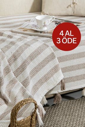 Lux Touch Liva Ponponlu Bej Koltuk Örtüsü 115 x 200 cm Kanepe Divan Çekyat Be...