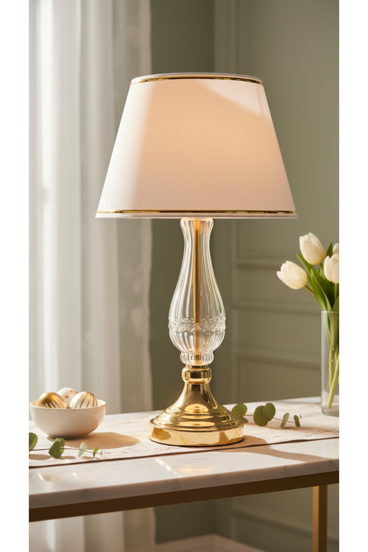 Decorative Glass Body Gold Striped White Fabric Lampshade Table Lamp with Hat