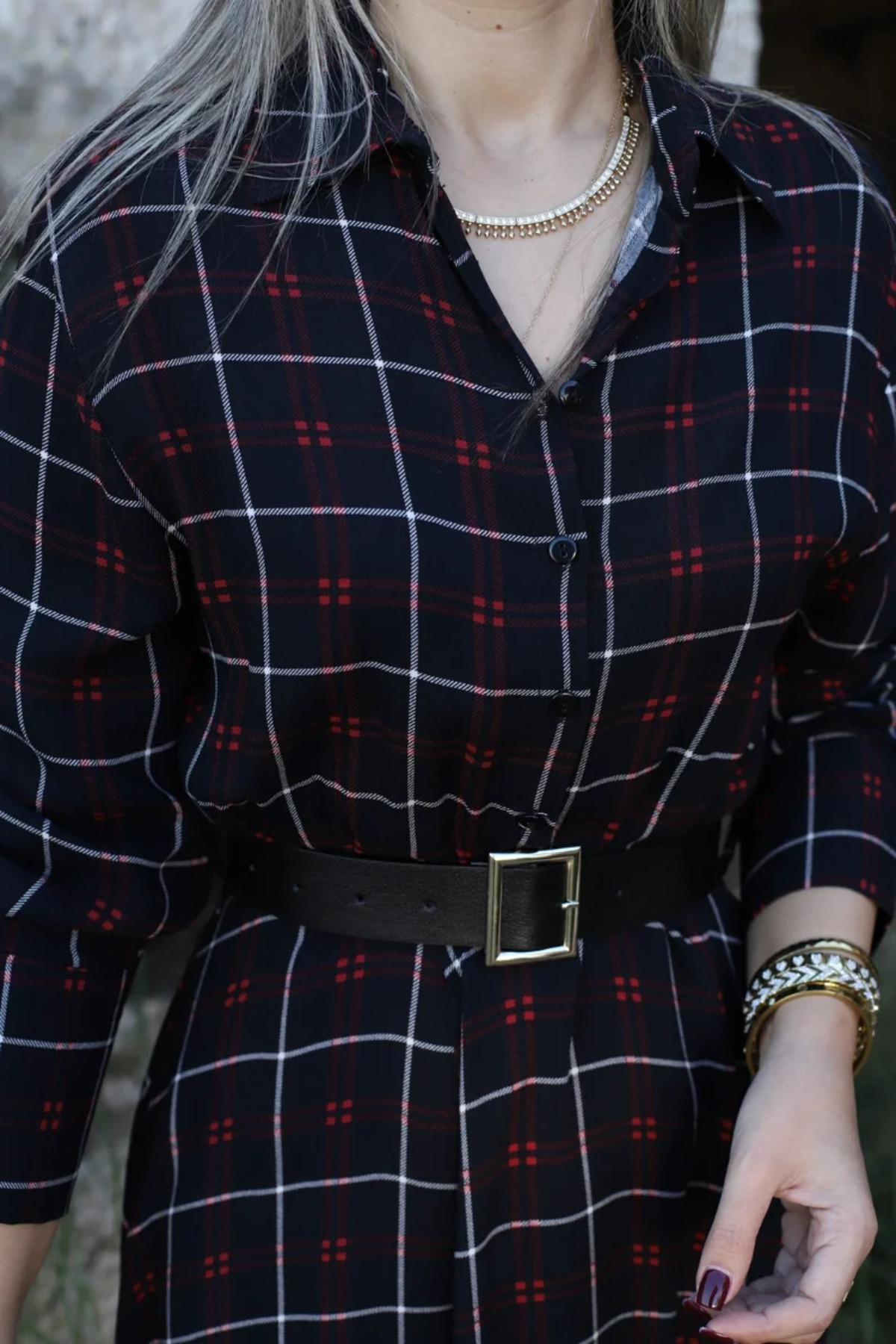 bytugcekaya  Siyah Gömlek Yaka Kareli Kemerli Elbise - Görsel 4