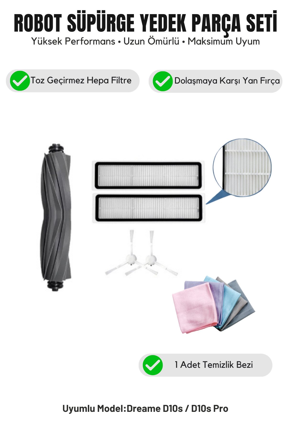 Asgard Grup Dreame D10s / D10s Pro Robot Vacuum Cleaner Uyumlu ANA FIRÇA 2 ADET FİLTRE VE 2 ADET BEYAZ 3 KOLLU