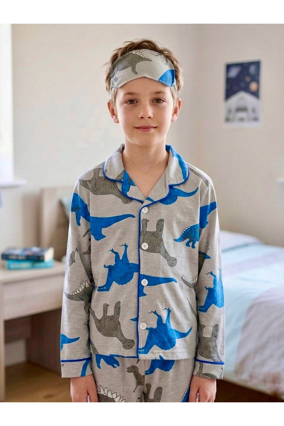 Enie Erkek Çocuk Dinazor Desenli Gri 95% Pamuk Rahat Kalıp Pijama Takımı + Göz Bandı fotoğrafı 4 (önizleme)