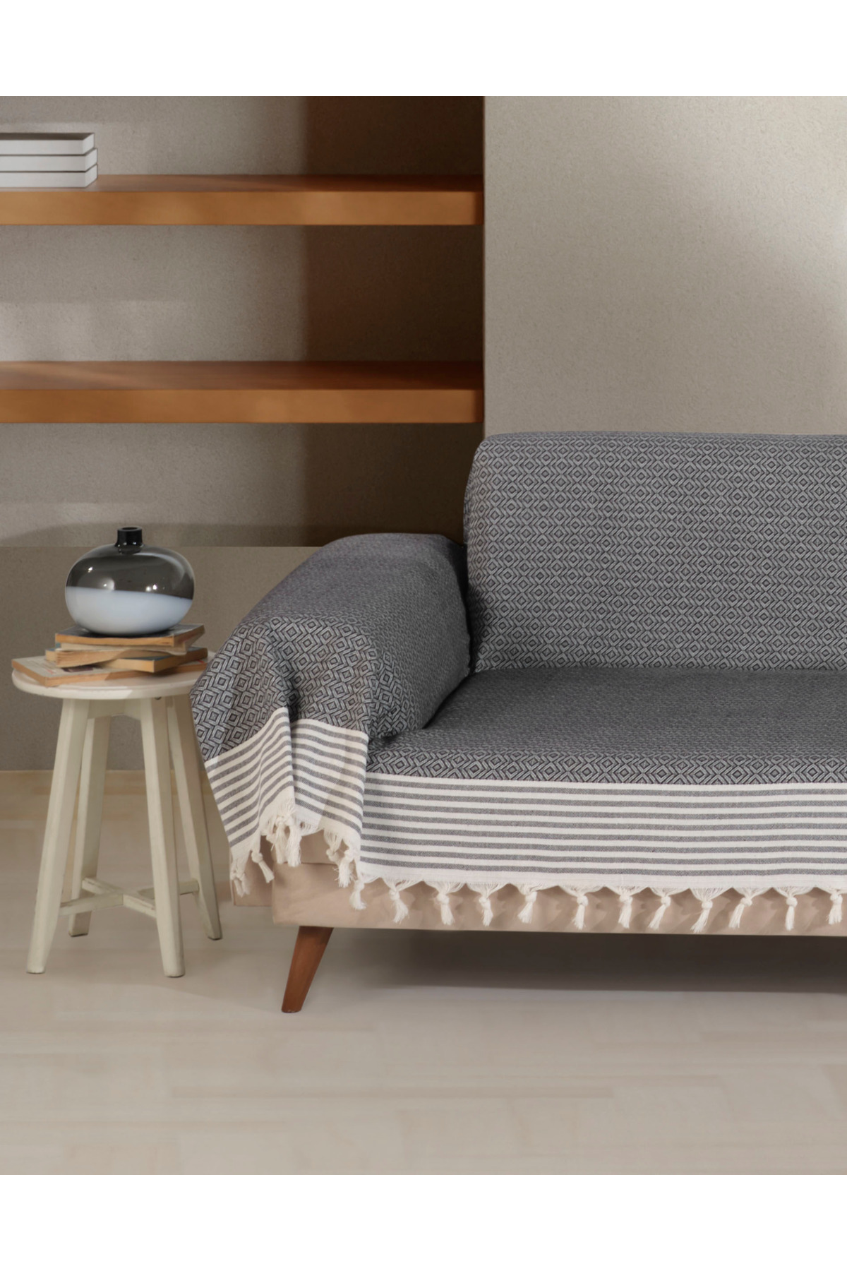 Bergama Seat Cover Covering Anthracite Arms 180 X 300 Cm Size Sofa Bed with Sofa Tassel