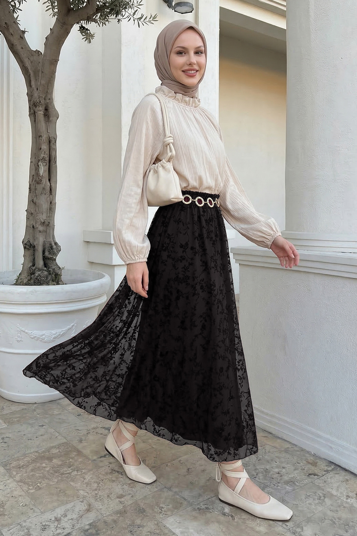 InStyle  Çiçekli Flok Tül Astarlı Siyah Etek - Görsel 5