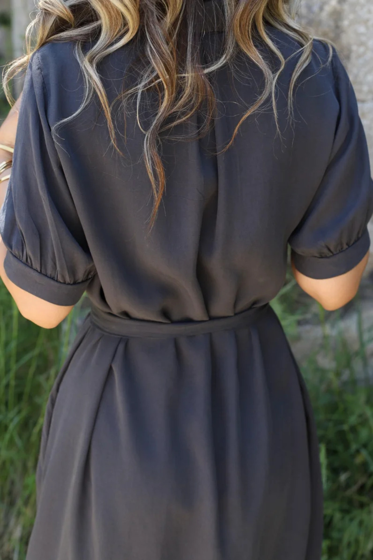 bytugcekaya  Antrasit Kuşaklı Gömlek Elbise - Görsel 5