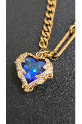 stainles steel Zirkon İşlemeli Mavi Kalp Desenli Paslanmaz Çelik Kolye
