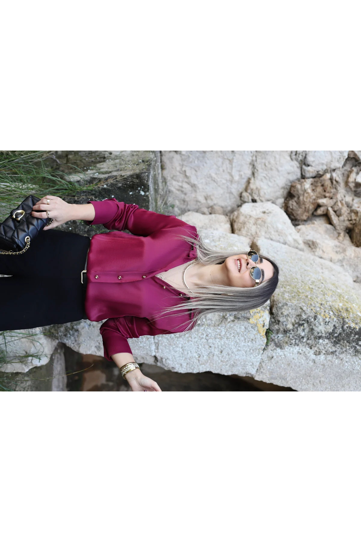 bytugcekaya  Bordo Dökümlü Saten Gold Düğmeli Gömlek