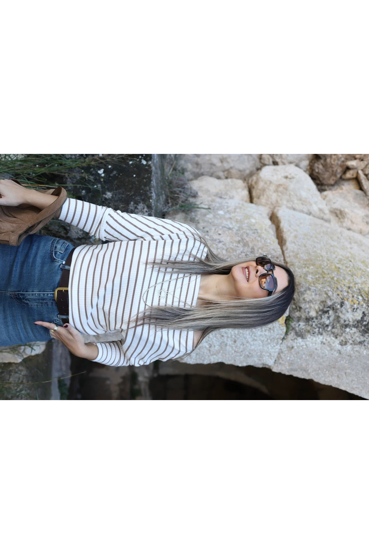 bytugcekaya  Ekru-Kahve Çizgili Kayık Yaka Fitilli Triko Bluz