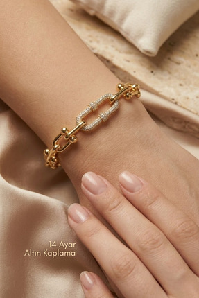 Çayla Kadın 14 Ayar Altın Kaplama Bileklik Aşk’ın Zinciri Taşlı Tasarım Kalın...