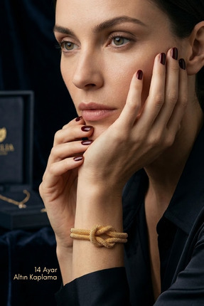 Çayla Kadın 14 Ayar Altın Kaplama Bileklik Kraliçe Düğümü Kelepçe Bilezik Gol...