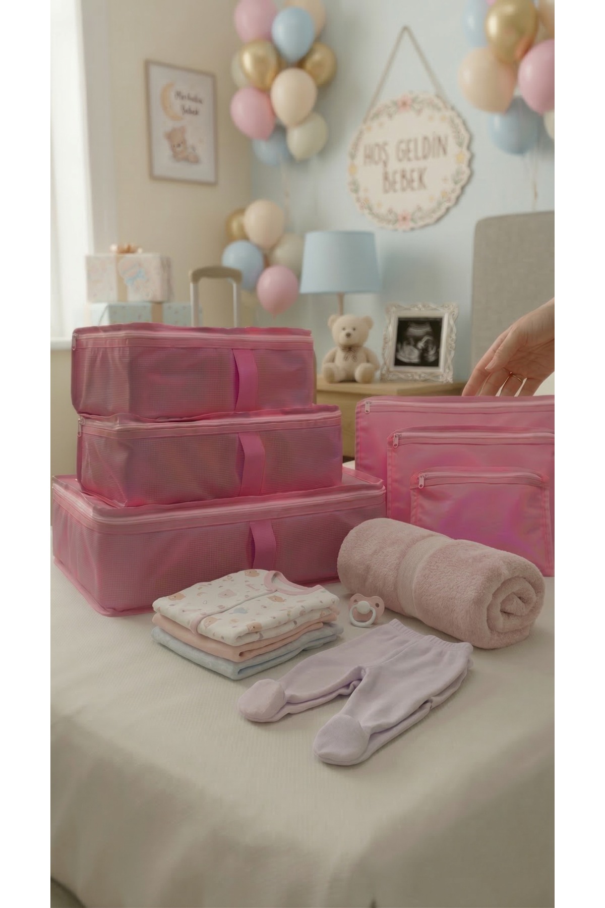 Özlem Toys Lux Baby Doğum Hastane Çıkış Çantası Fileli 6 Parça (Pembe renk) fotoğrafı 2 (önizleme)