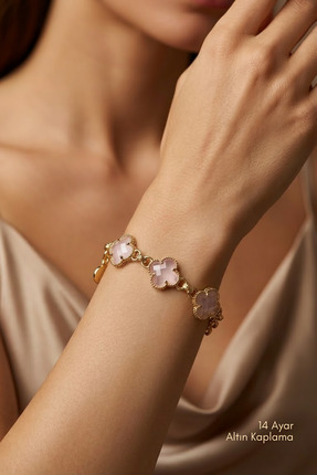 Çayla Kadın 14 Ayar Altın Kaplama Pembe Yonca Bileklik Pembe Peri Taşlı Tasar...