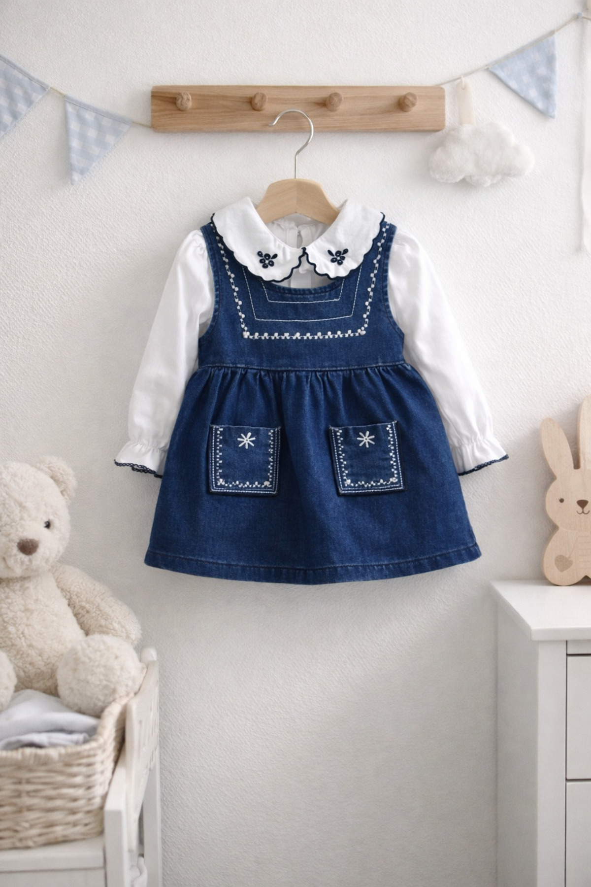 ALAMODECOR %100 Pamuk Kız Bebek Yakası İşlemeli Gömlekli Kot Jean Elbise Bayramlık fotoğrafı 5 (önizleme)