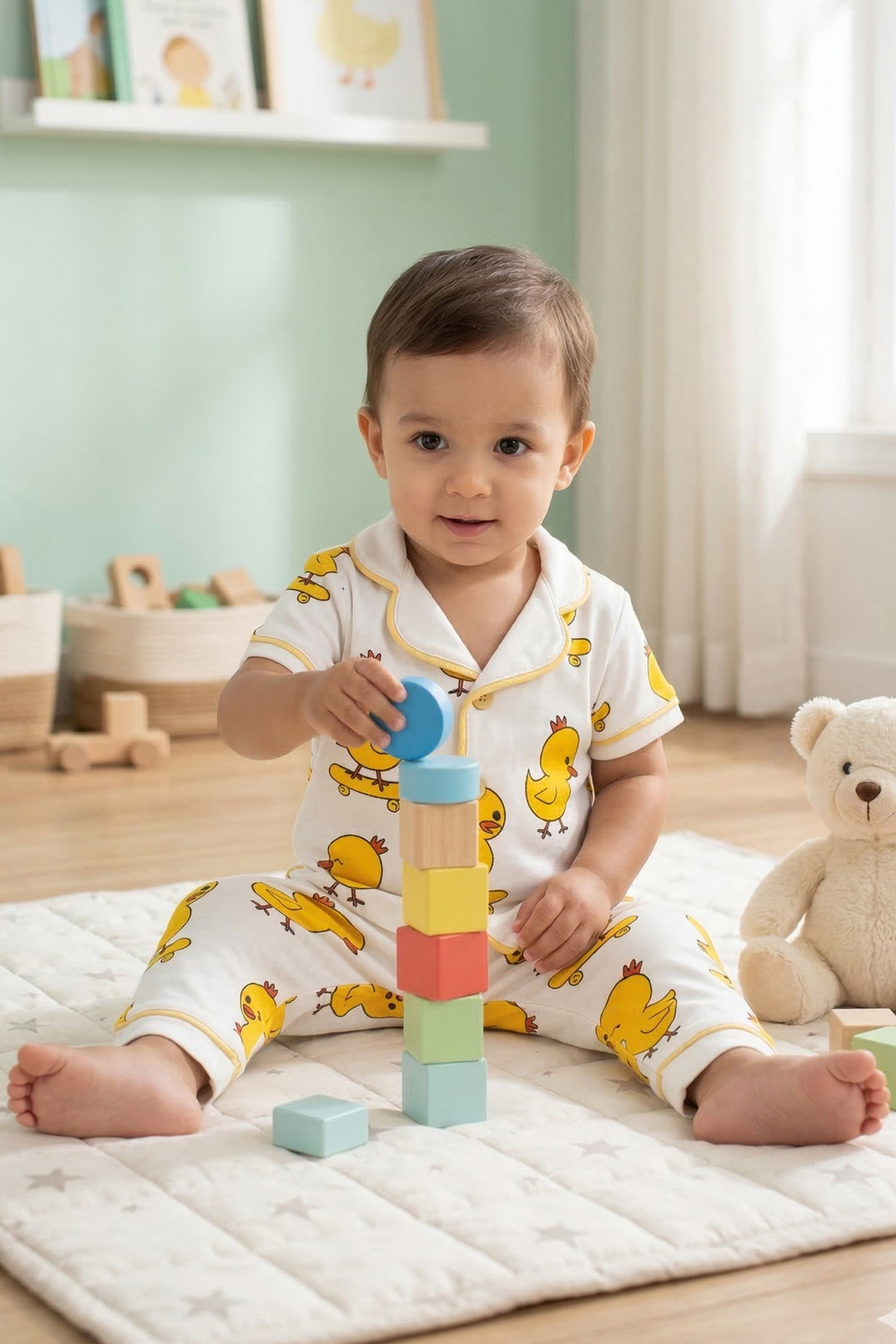 bebegen Unisex Beyaz Sarı Civciv Baskılı Kısa Kollu Pijama Takımı fotoğrafı 3 (önizleme)