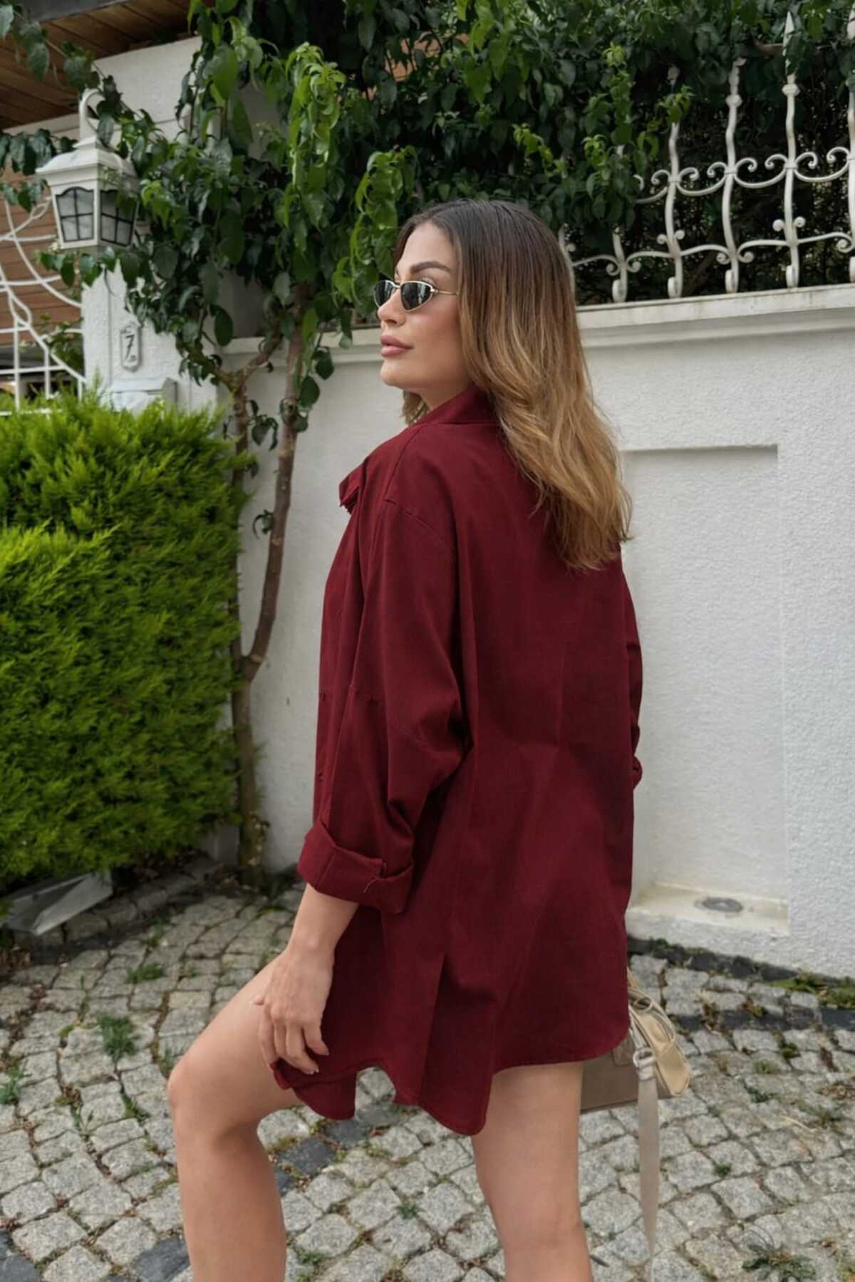 bb butik basic  Oversize Keten Dokulu %100 Pamuk Salaş Bordo Gömlek Bb-ku3435 - Görsel 3