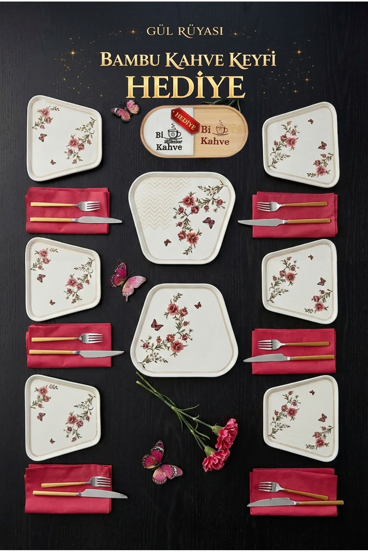 8-Piece Triangle Breakfast Set for 6,Gift Breakfast Set,Flower Pattern Plate,Cake and Dessert Serving Plate, Triangle Plate