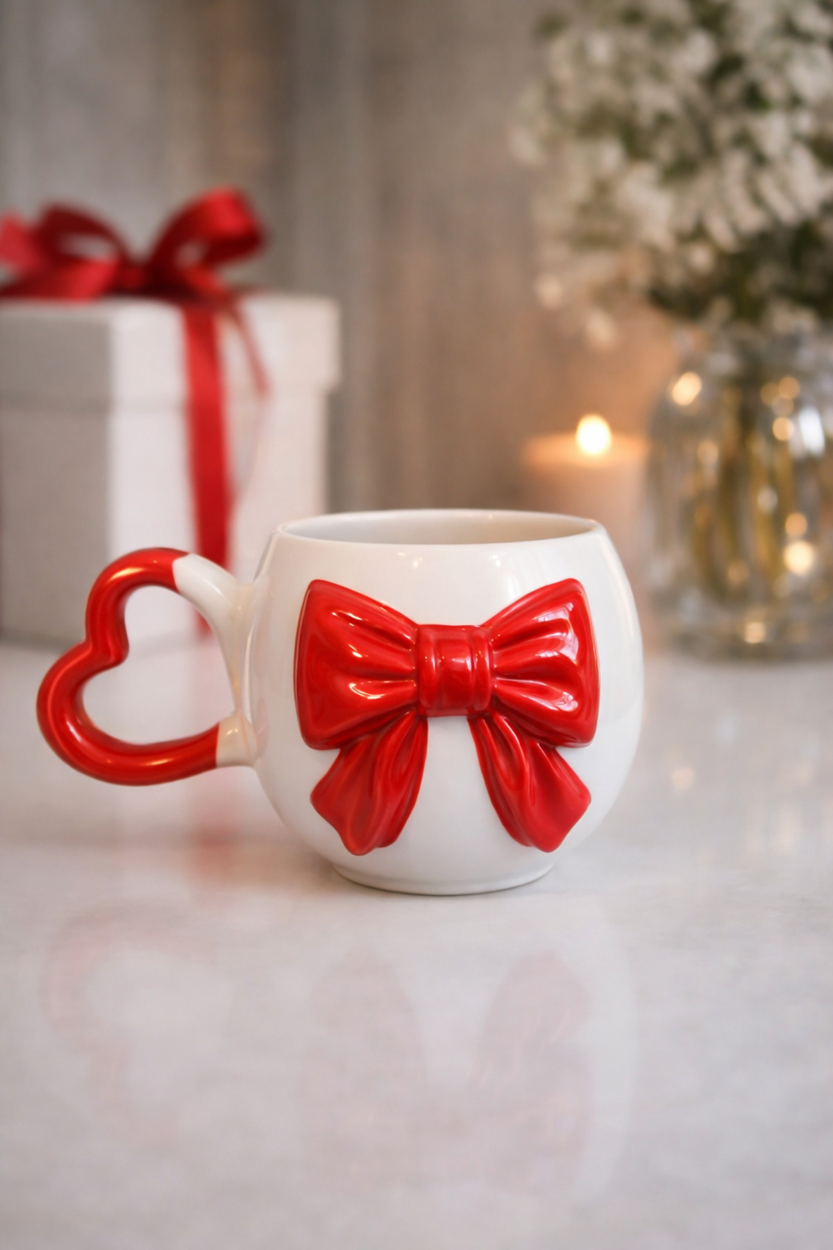 Heart Handle 3D RED BOW PATTERN Custom Embossed All Handmade Ceramic Mug