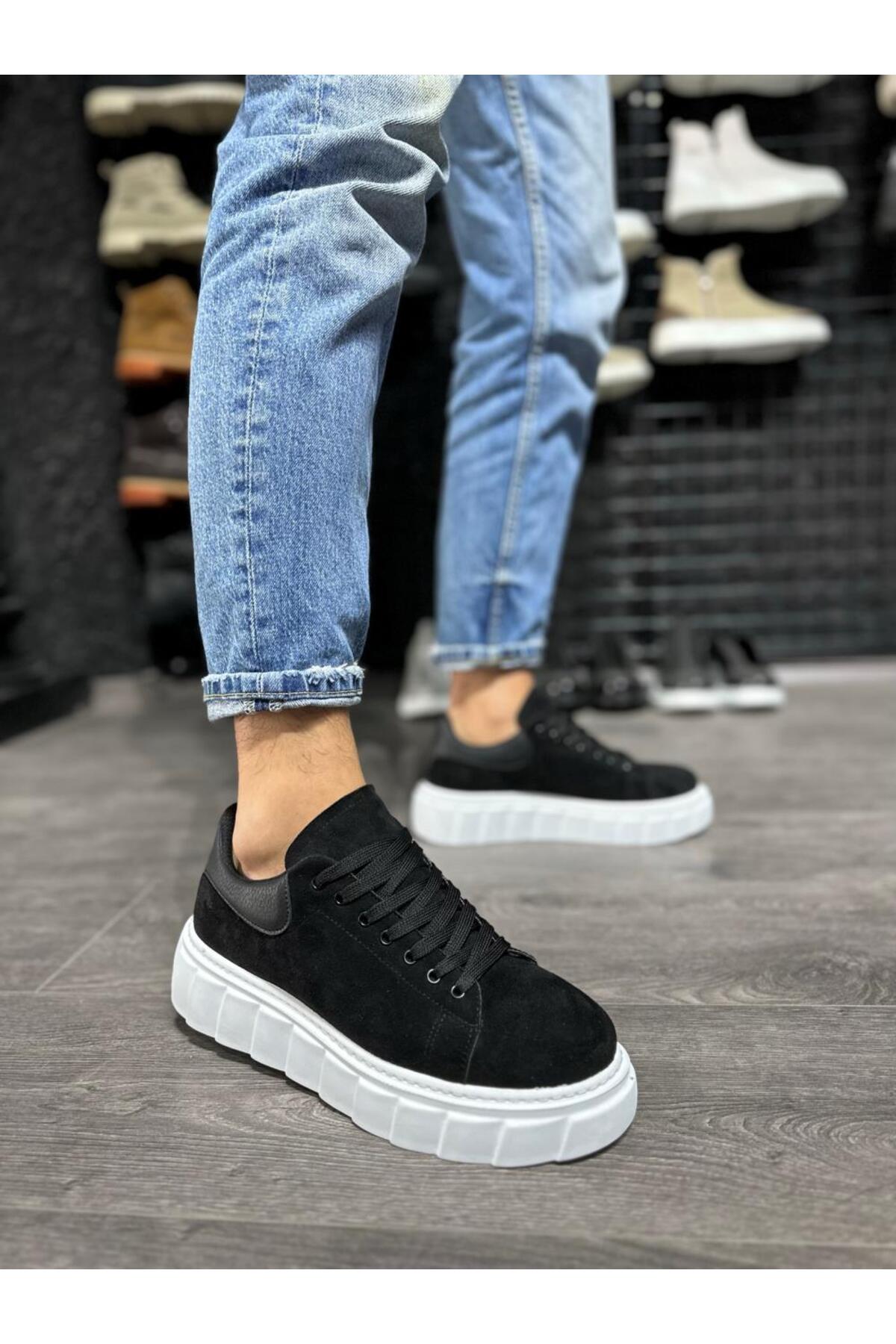 RLX-A44 Men's Lace-Up High Sole Suede Sneaker Shoes SBT-BLACK