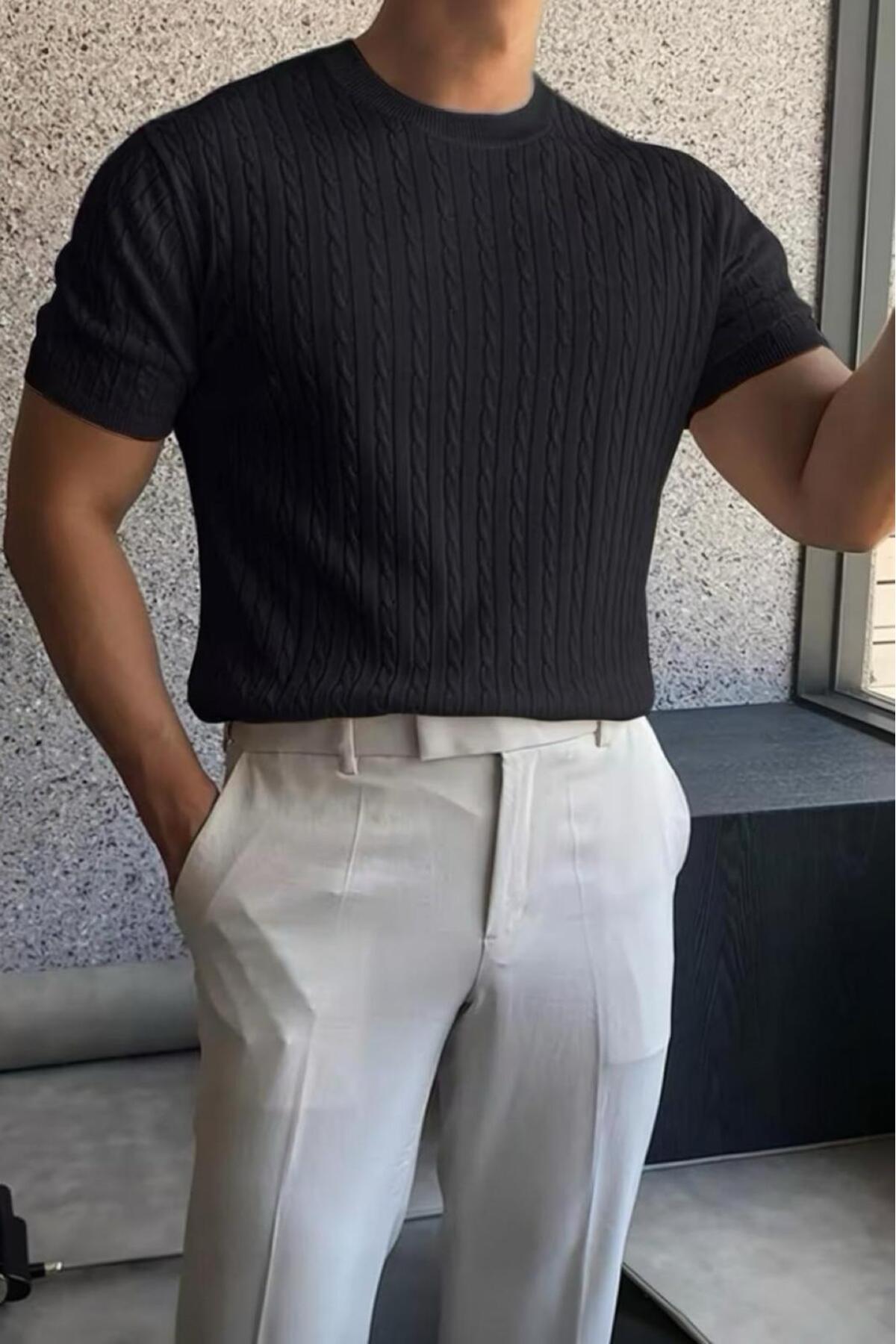 Kelly Luxury Series Men's Slim Fit Knit Pattern Crew Neck Short Sleeve Knitwear T-Shirt
