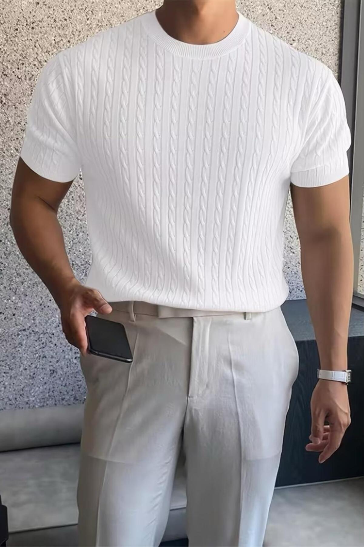 Kelly Luxury Series Men's Slim Fit Knit Pattern Crew Neck Short Sleeve Knitwear T-Shirt