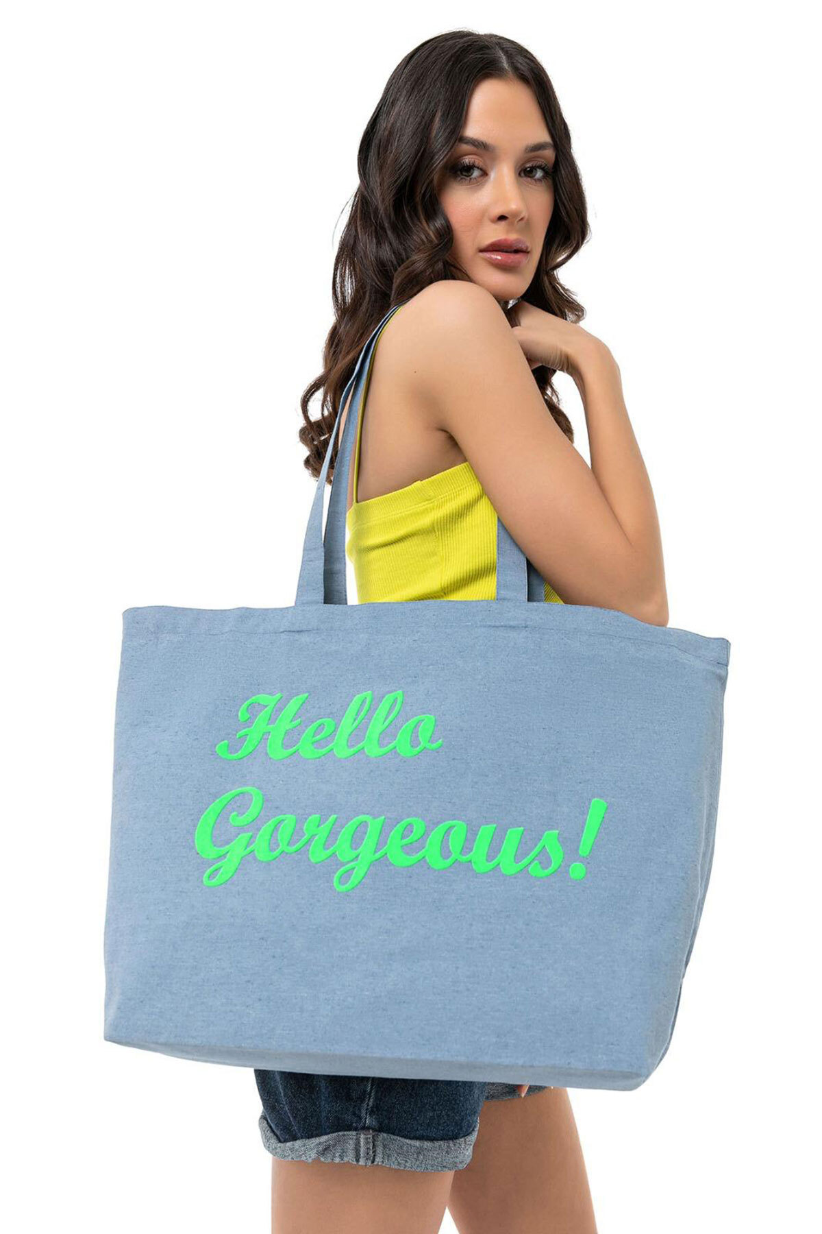 Salvia Dione Hello Gorgeous Yazılı Büyük Boy Kanvas Bez Çanta - Plaj, Alışveriş ve Günlük Omuz Çantası