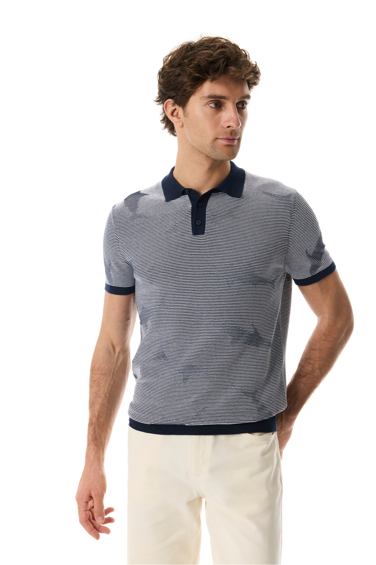 Mudo Men's Navy Blue Jacquard Polo Collar Short Sleeve Knit Sweater