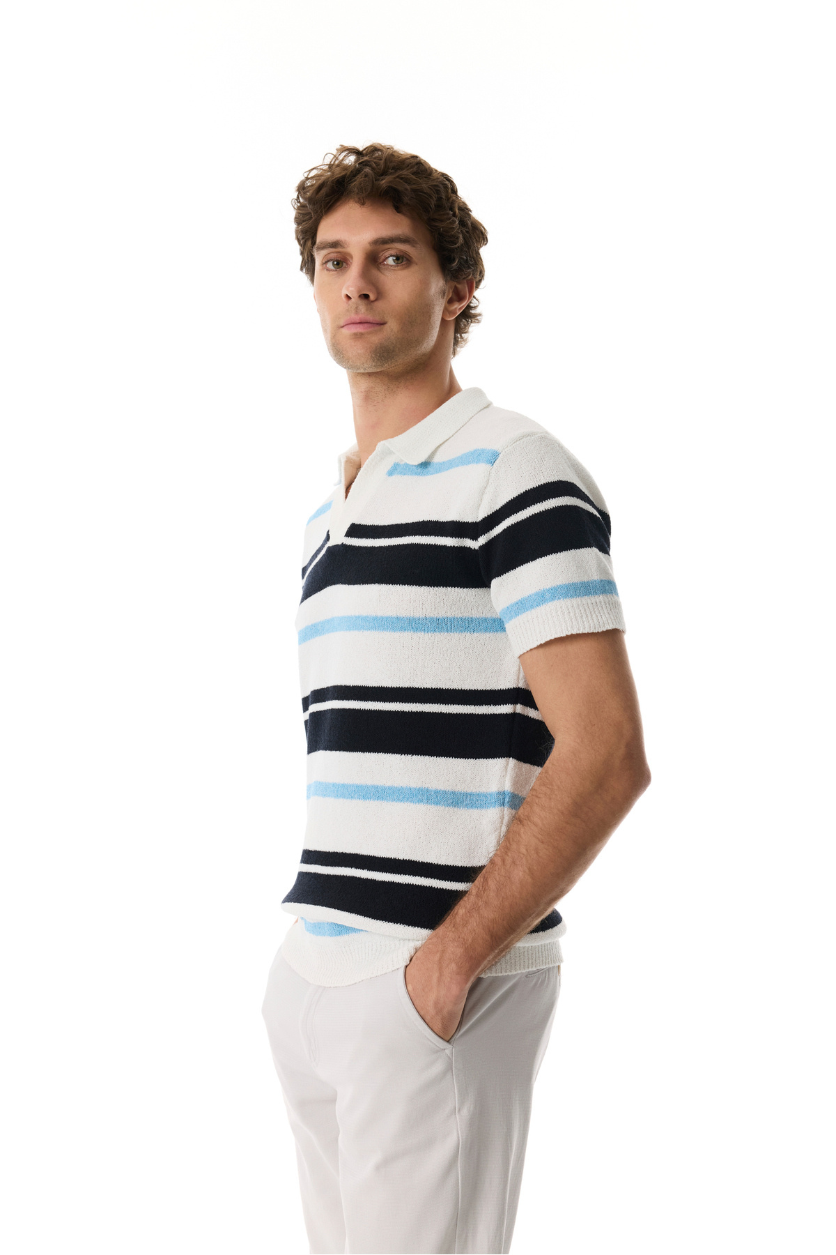 Mudo Men's Blue Striped Loose Fit Polo Collar Short Sleeve Knit Sweater