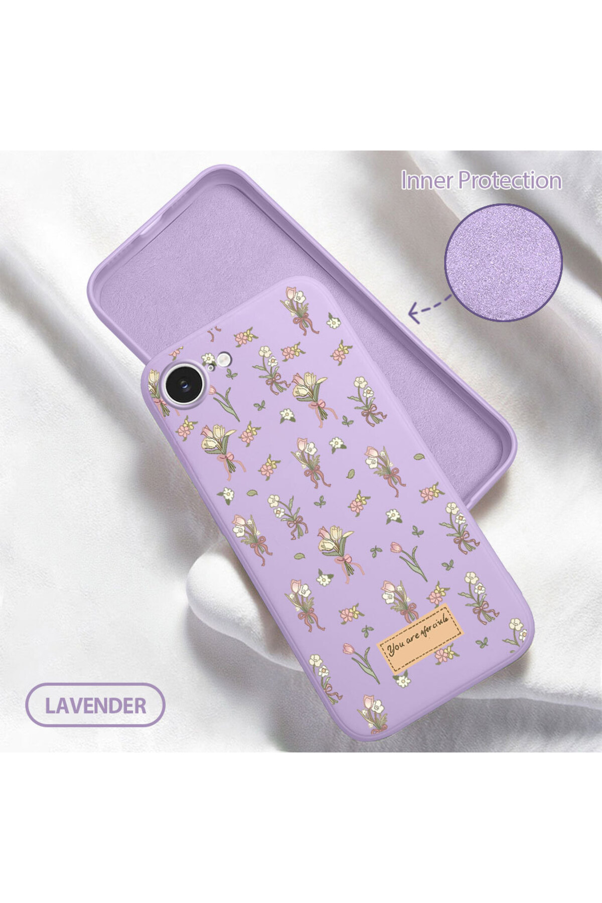 iPhone 16e Compatible Interior Velvet Surface Camera Protection Anti-Impact Silicone Case with Flower Pattern