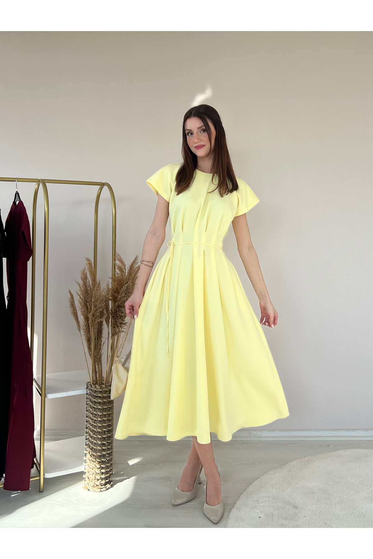 For Angels Pleated Waist-Tied Short Sleeve Dress