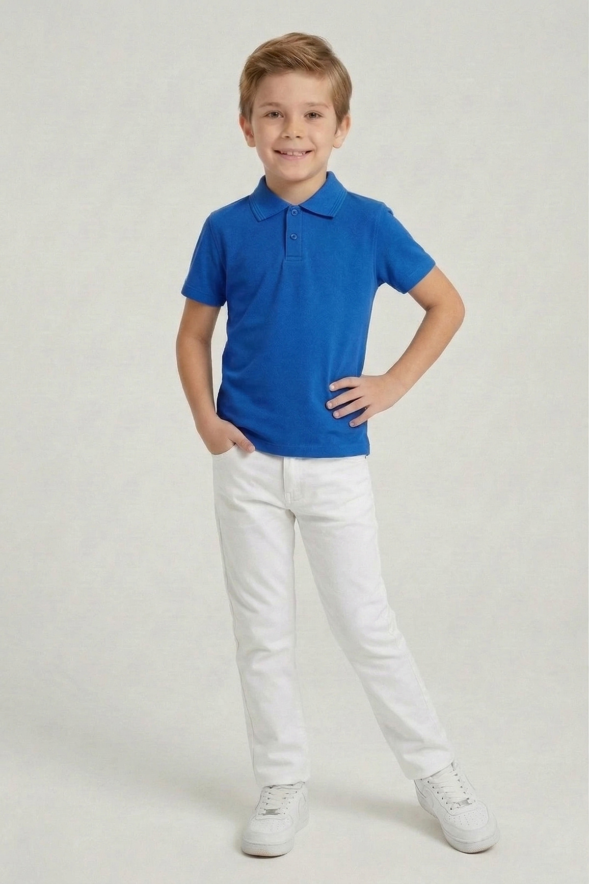 Boys Saxe Blue Polo Shirt and White Pants Set 23 April 29 October Showwear