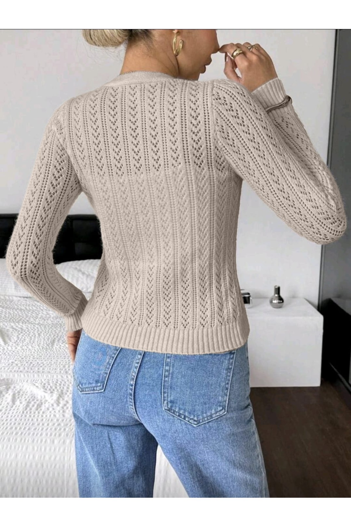 SolQ  V Yaka %100 Pamuk Triko Ajurlu Desen Düğme Detaylı Hırka - Görsel 4