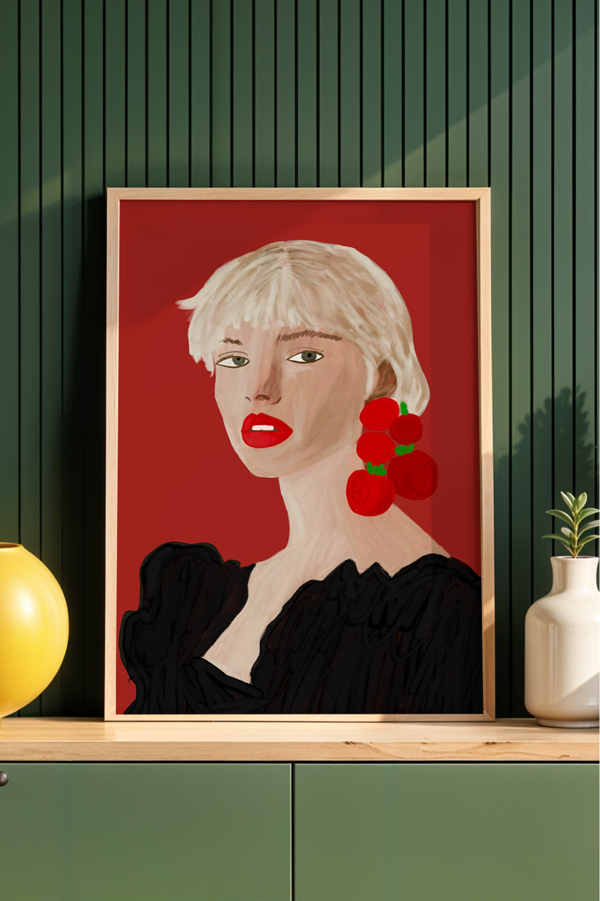 Modern Kadın Portre Tablo Kiraz Küpe İllüstrasyon Poster Duvar Dekoru Çerçevesiz