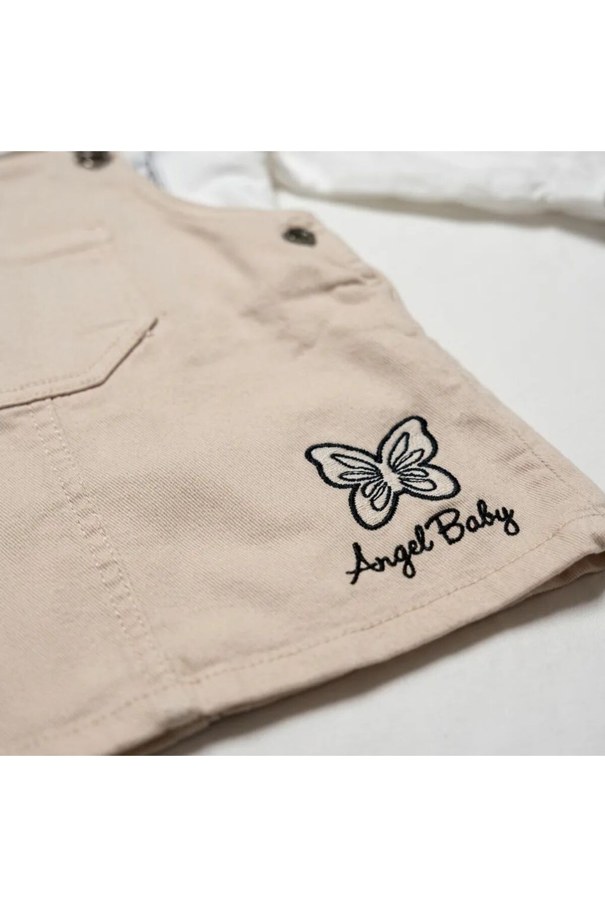 TA&CE Kelebek Nakışlı Kız Bebek Pamuklu Gömlekli 2’li Jile Elbise 6-24 Ay Bej Renk Bayram Kombini fotoğrafı 7 (önizleme)