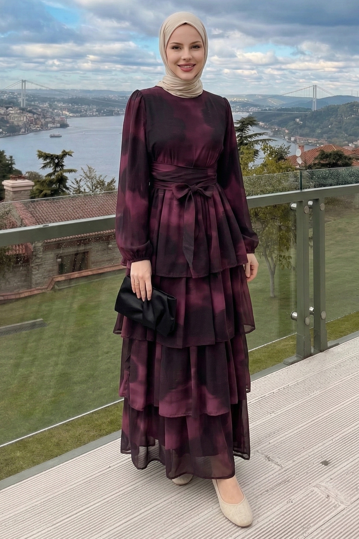 InStyle  Desenli Kat Kat Bordo Şifon Elbise - Görsel 2