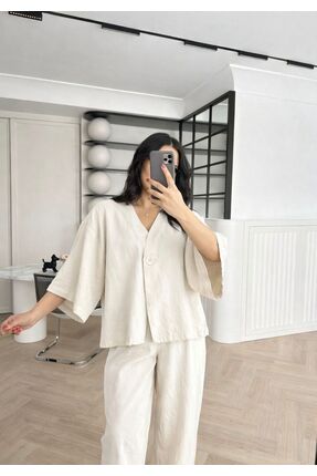 VALE WOMAN Ayrobin Keten Tek Düğme Detay Şalvar Model İkili Takım – Rahat Kesim